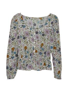 ana Blouse Shirt Top Peplum Puff Sleeve Peplum Button Front Floral M